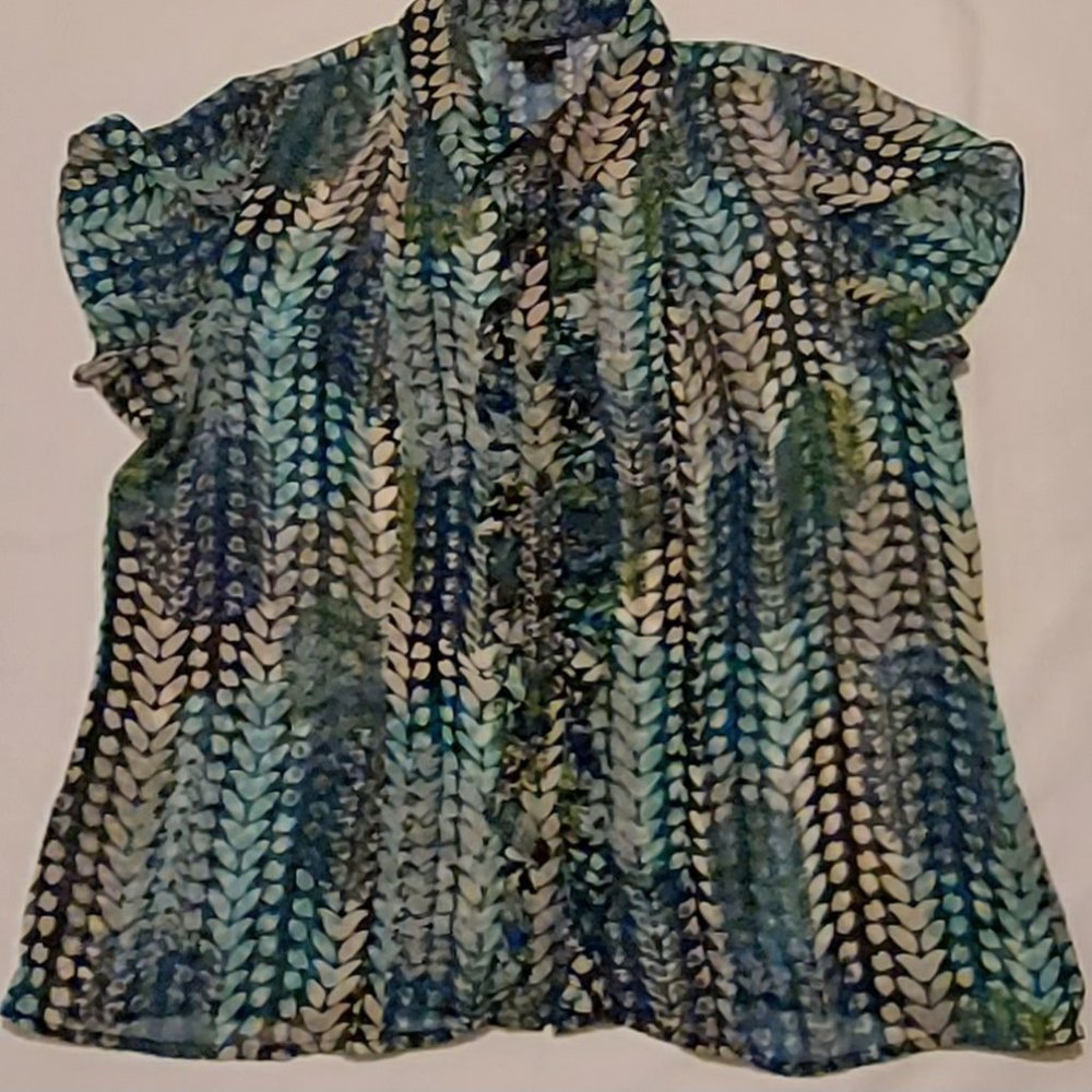 East 5th, XL, semi-sheer ruffle detail short sleeve shirt